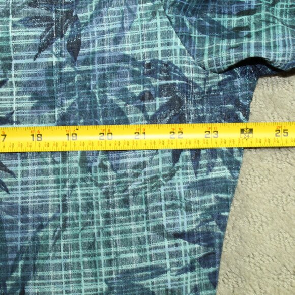 90s Van Heusen Mens L Blue Green Hawaiin Tropical Plaid Polyester Casual Shirt - Picture 4 of 4